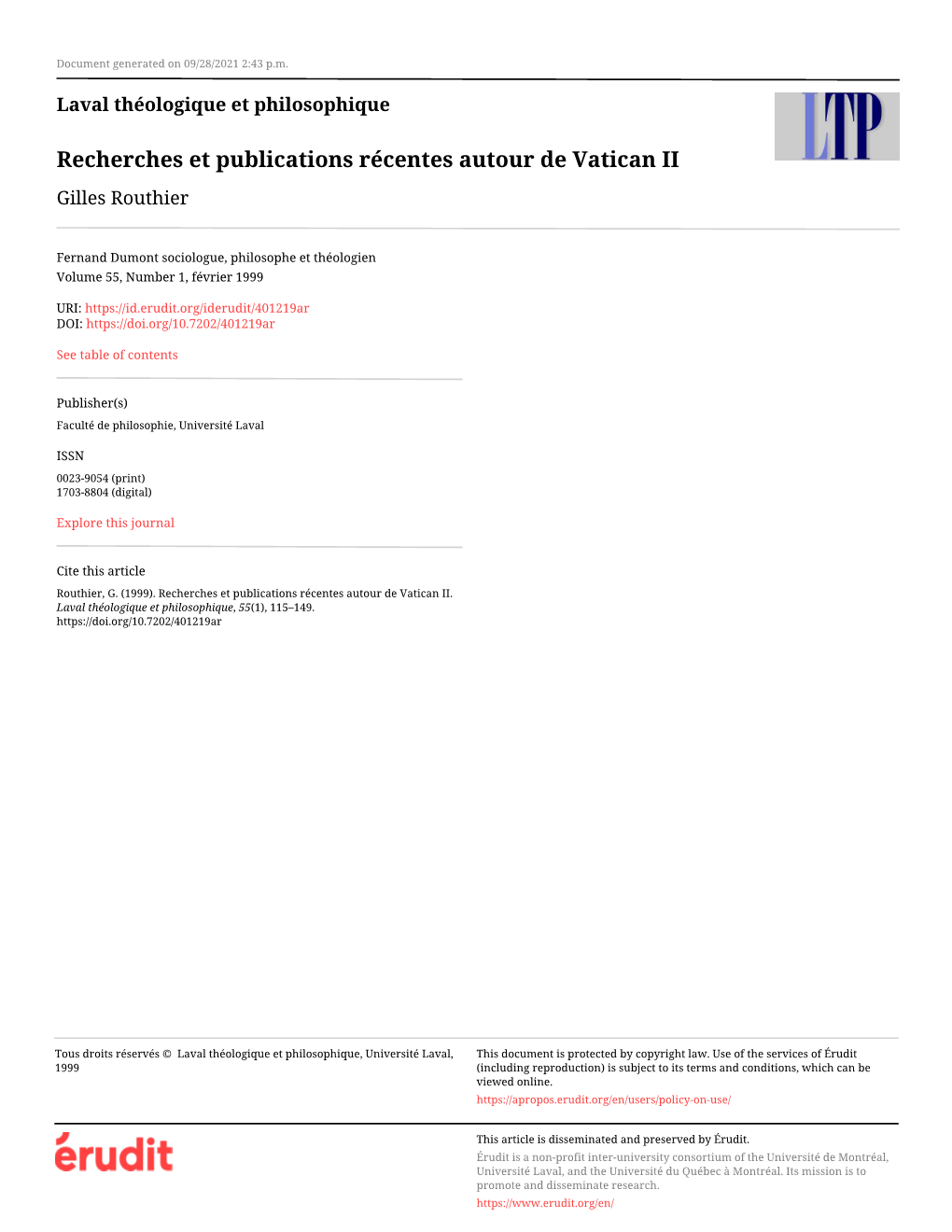 Recherches Et Publications Récentes Autour De Vatican II Gilles Routhier