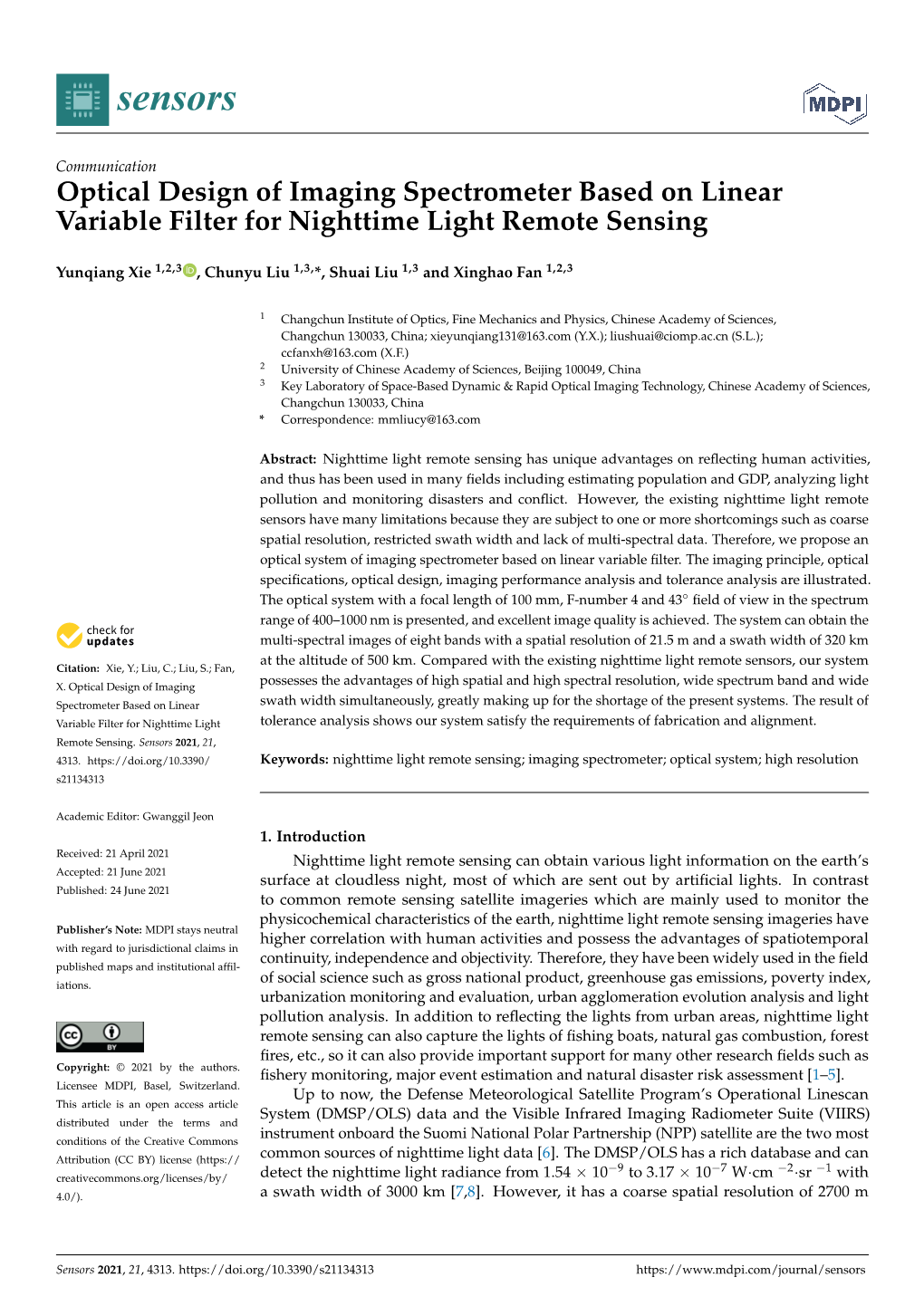 Optical Design of Imaging Spectrometer Based on Linear Variable Filter for Nighttime Light Remote Sensing