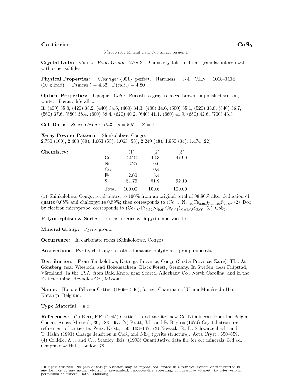 Cattierite Cos2 C 2001-2005 Mineral Data Publishing, Version 1