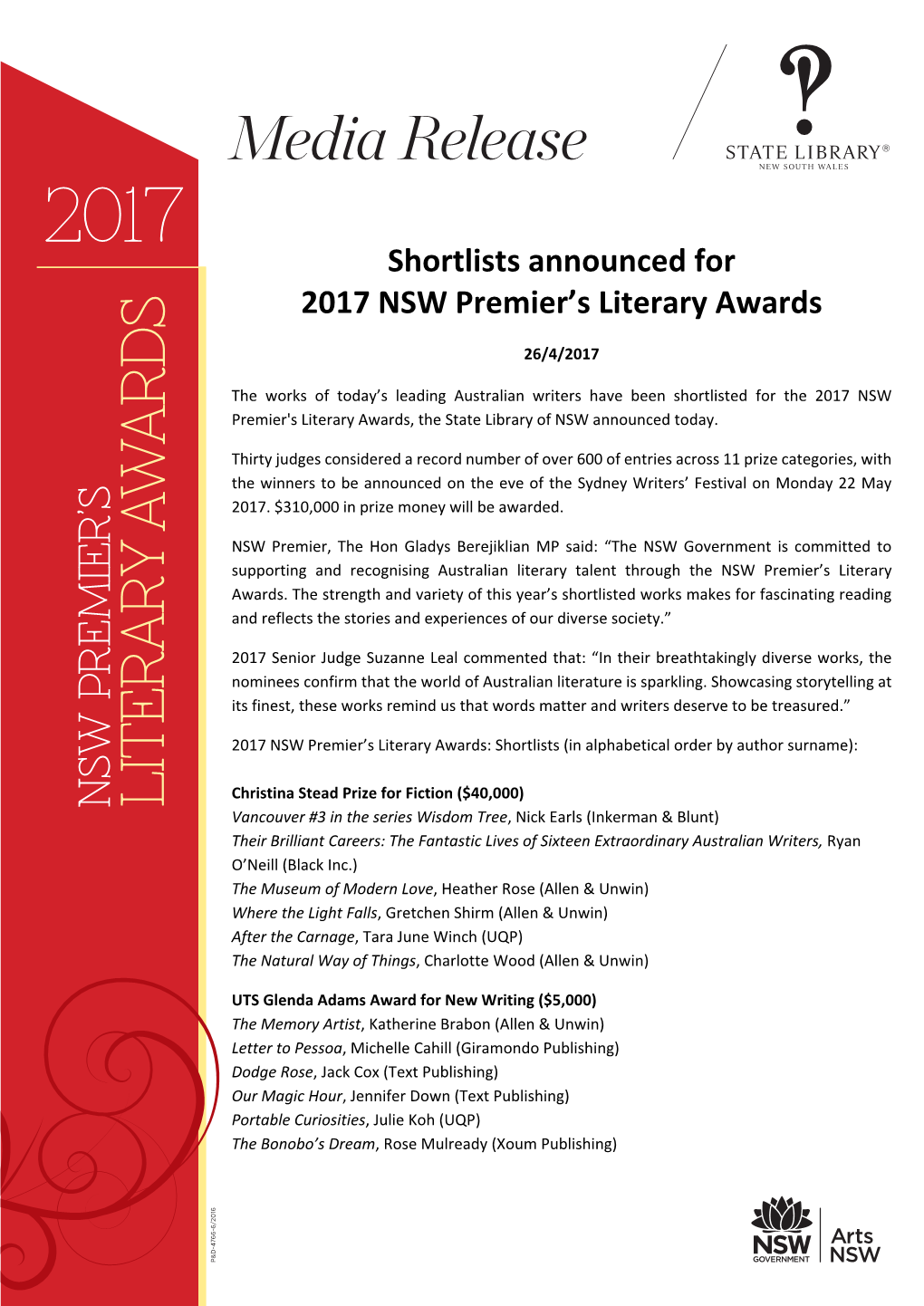 Shortlists Announced for 2017 NSW Premier's