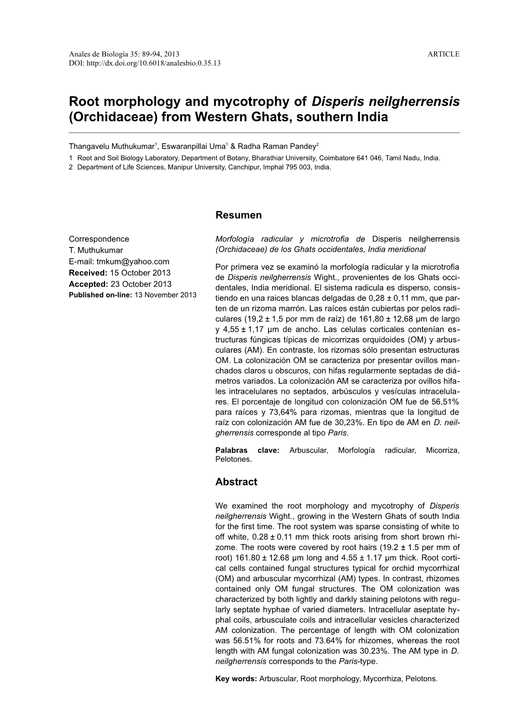 Root Morphology and Mycotrophy of Disperis Neilgherrensis (Orchidaceae) from Western Ghats, Southern India