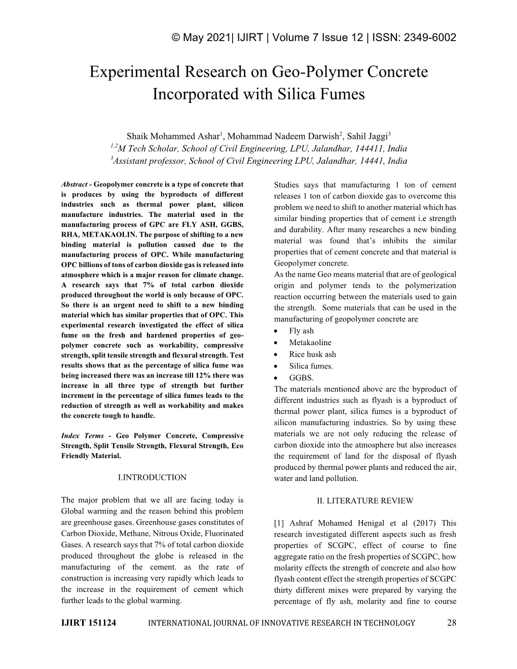 Experimental Research on Geo-Polymer Concrete