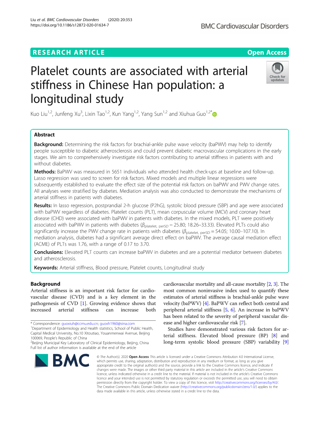 Platelet Counts Are Associated with Arterial Stiffness in Chinese Han