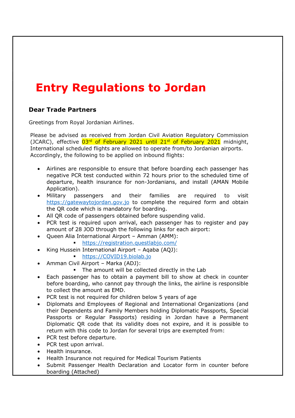 Entry Regulations to Jordan