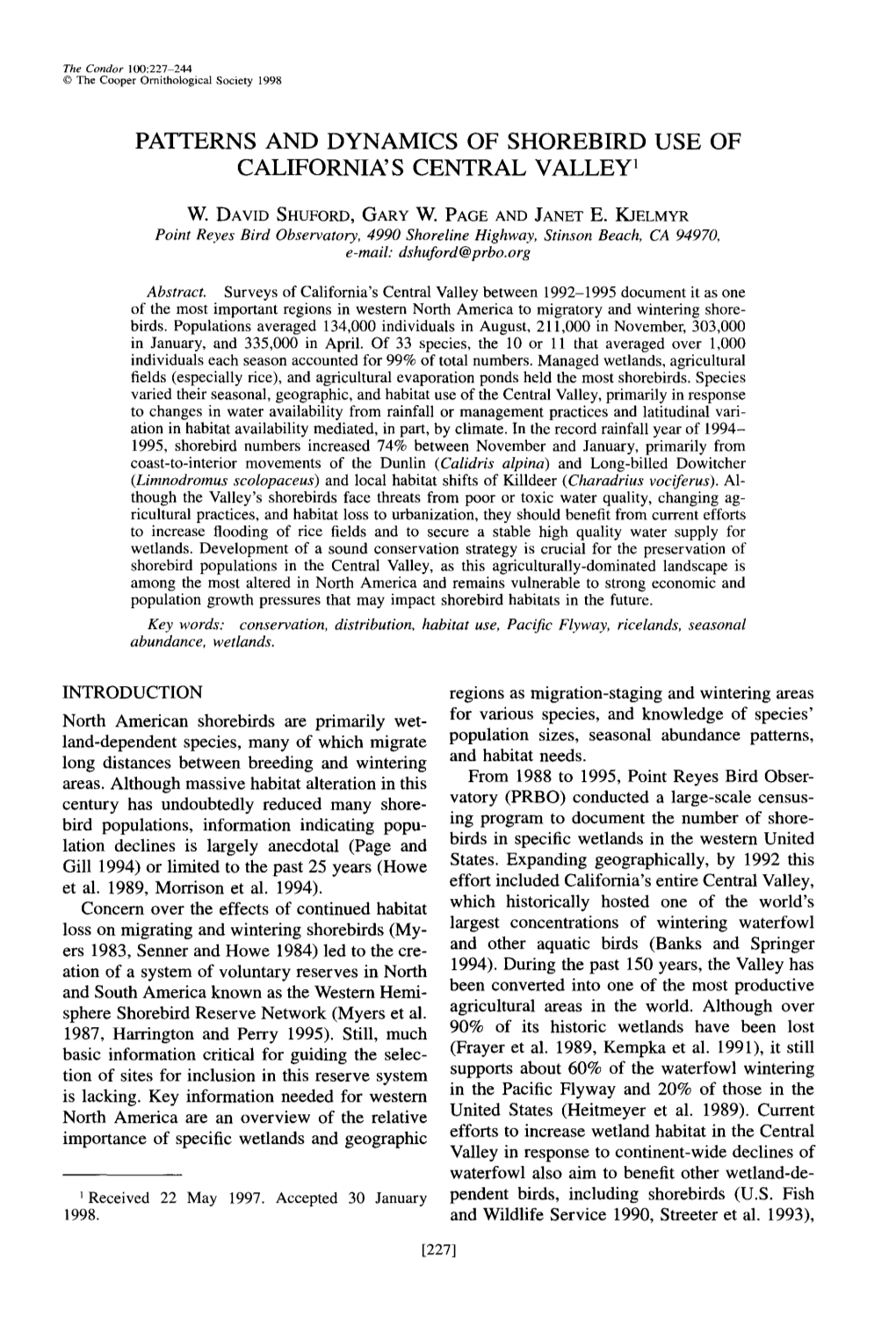 Patterns and Dynamics of Shorebird Use of California's Central Valley