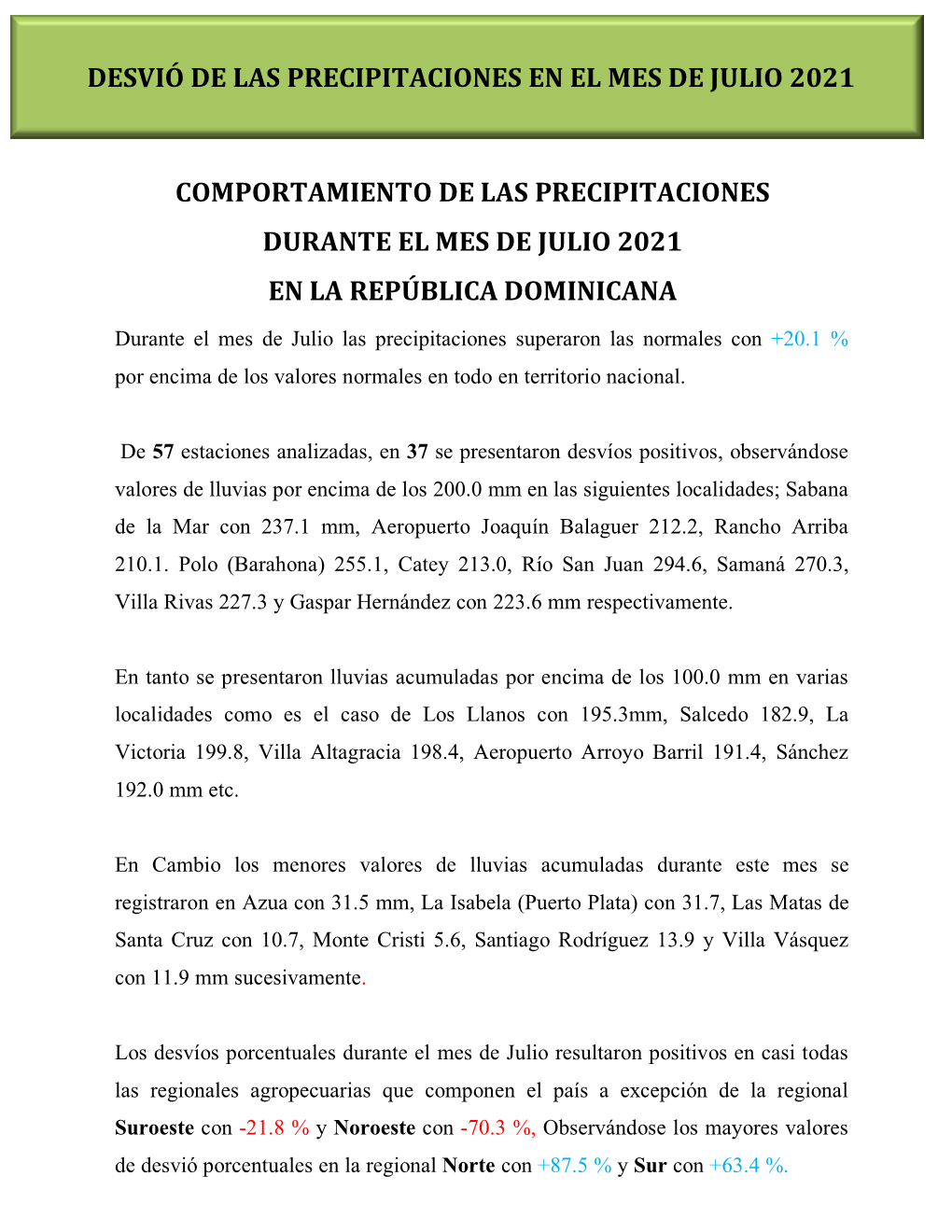 Comportamiento De Las Precipitaciones Durante El Mes De Julio 2021 En La República Dominicana