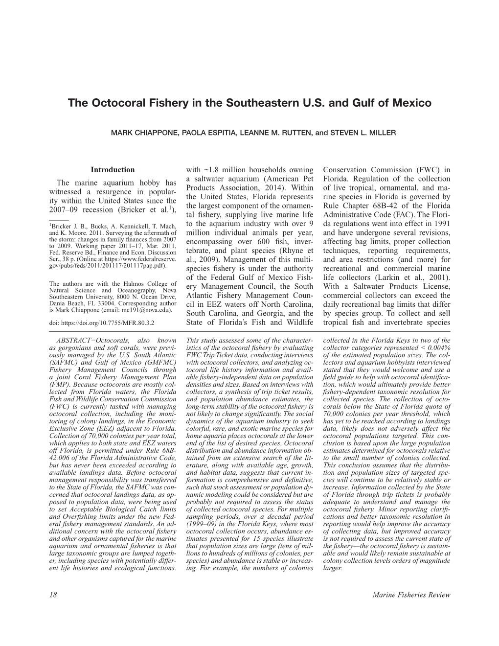 The Octocoral Fishery in the Southeastern U.S. and Gulf of Mexico