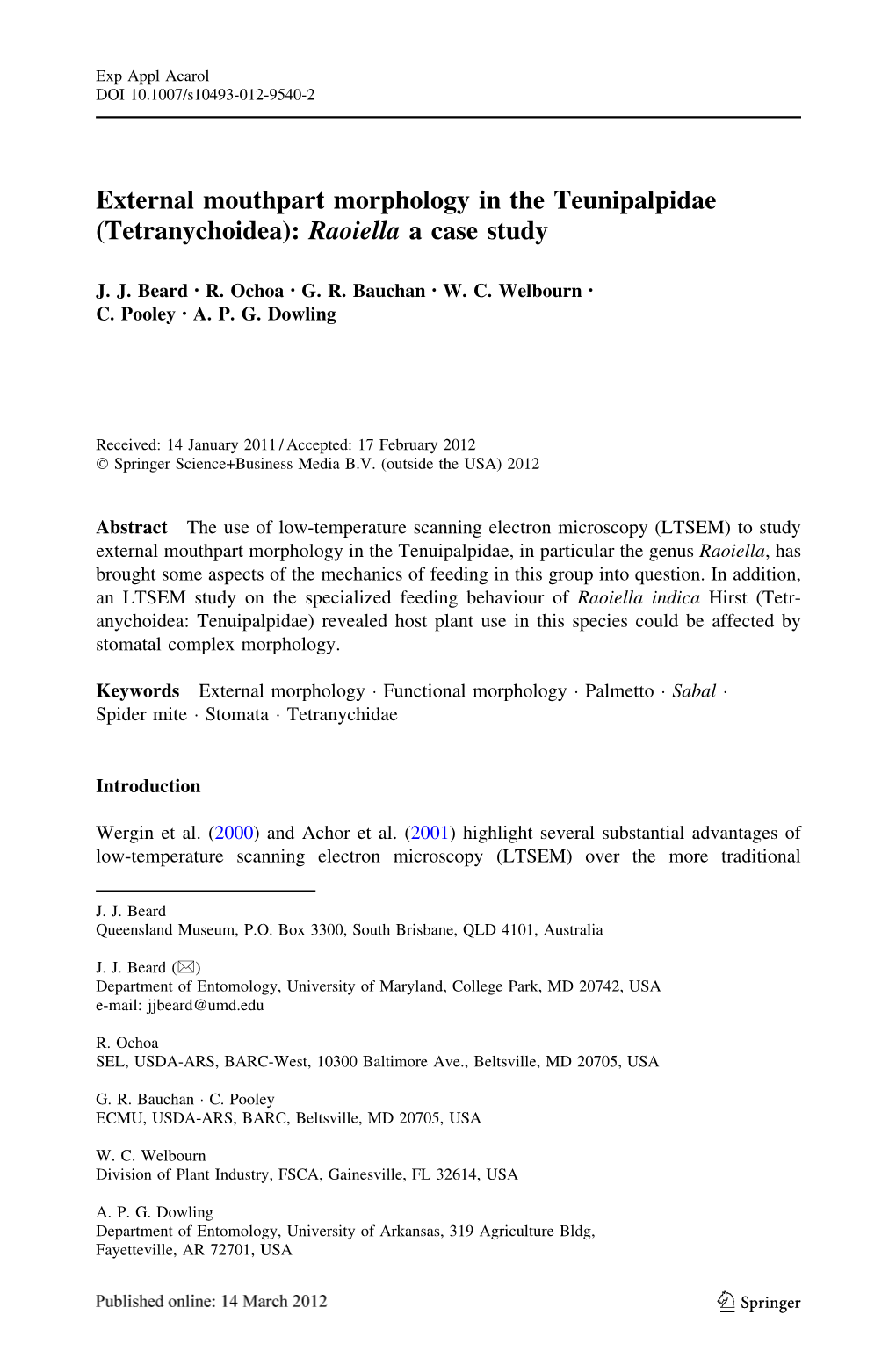 External Mouthpart Morphology in the Teunipalpidae (Tetranychoidea): Raoiella a Case Study