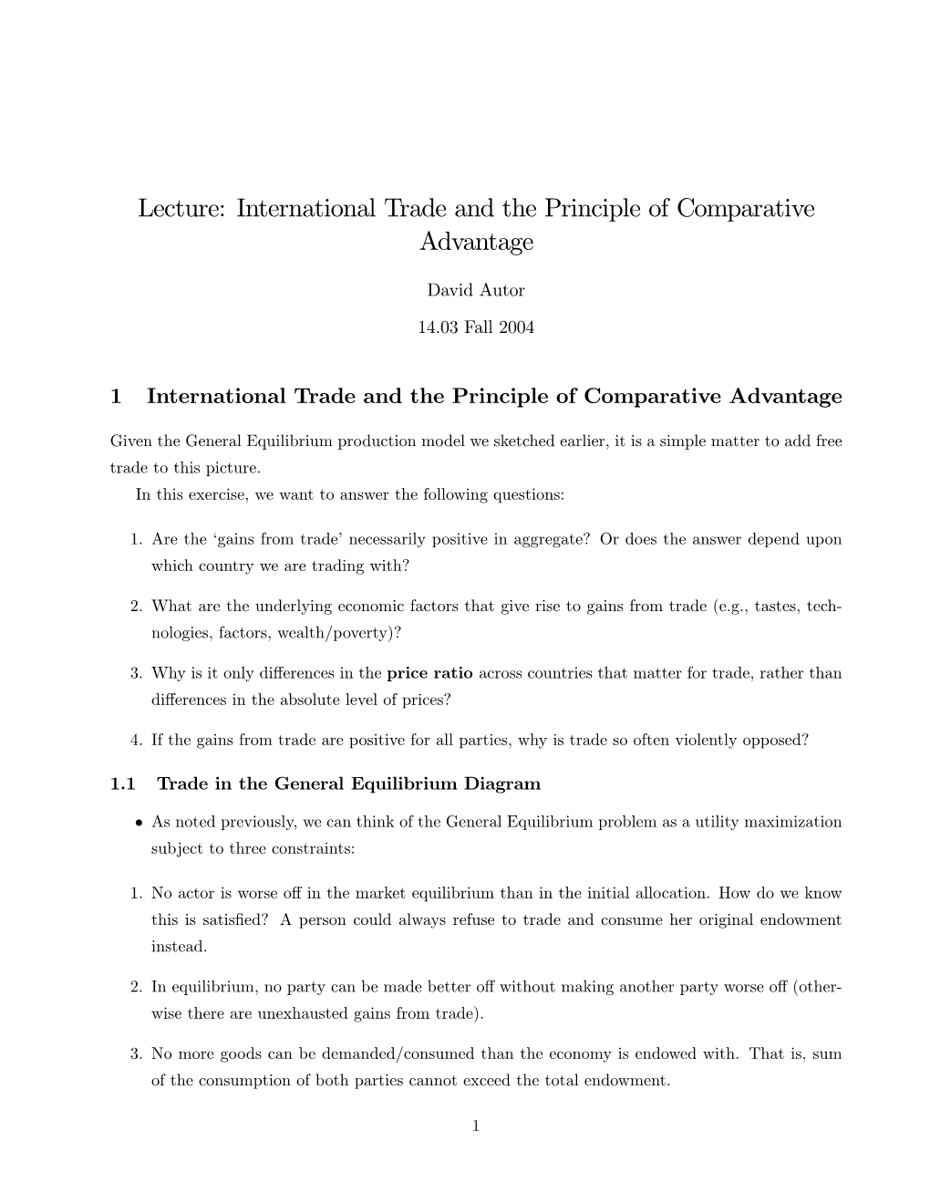 Lecture: International Trade and the Principle of Comparative Advantage