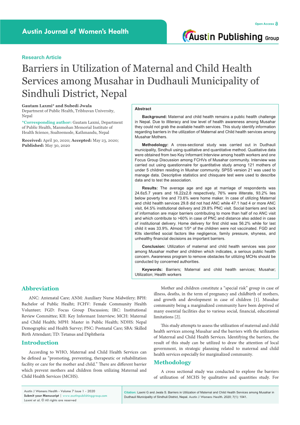 Barriers in Utilization of Maternal and Child Health Services Among Musahar in Dudhauli Municipality of Sindhuli District, Nepal