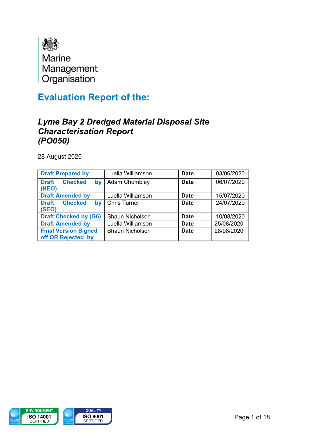 Evaluation Report of the Lyme Bay 2 Dredged Material Disposal Site