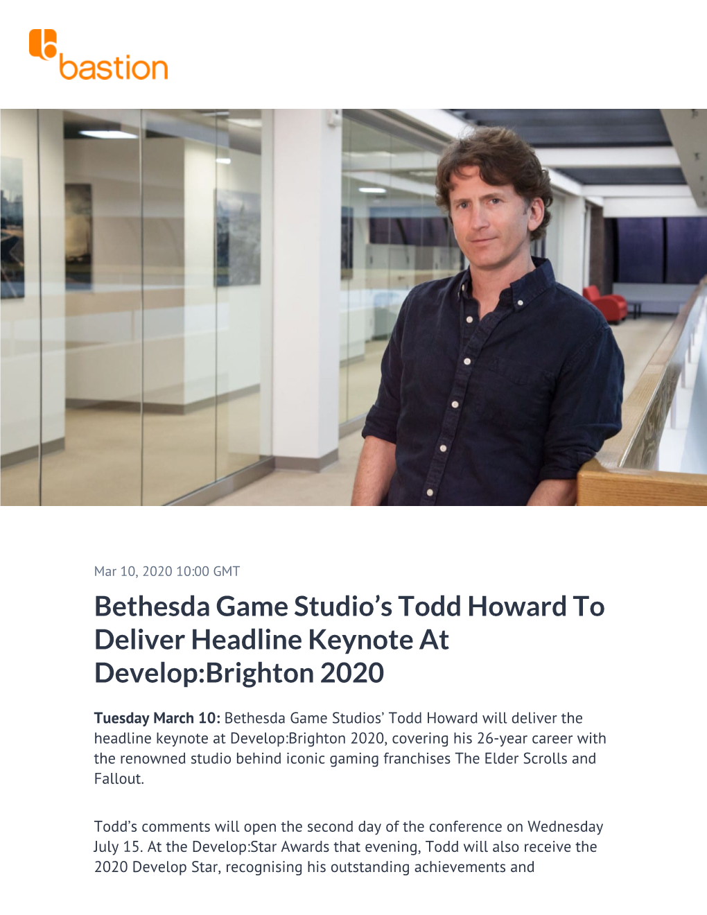 Bethesda Game Studio's Todd Howard to Deliver Headline