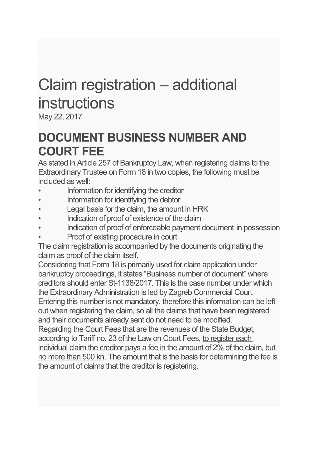 Claim Registration Additional Instructions