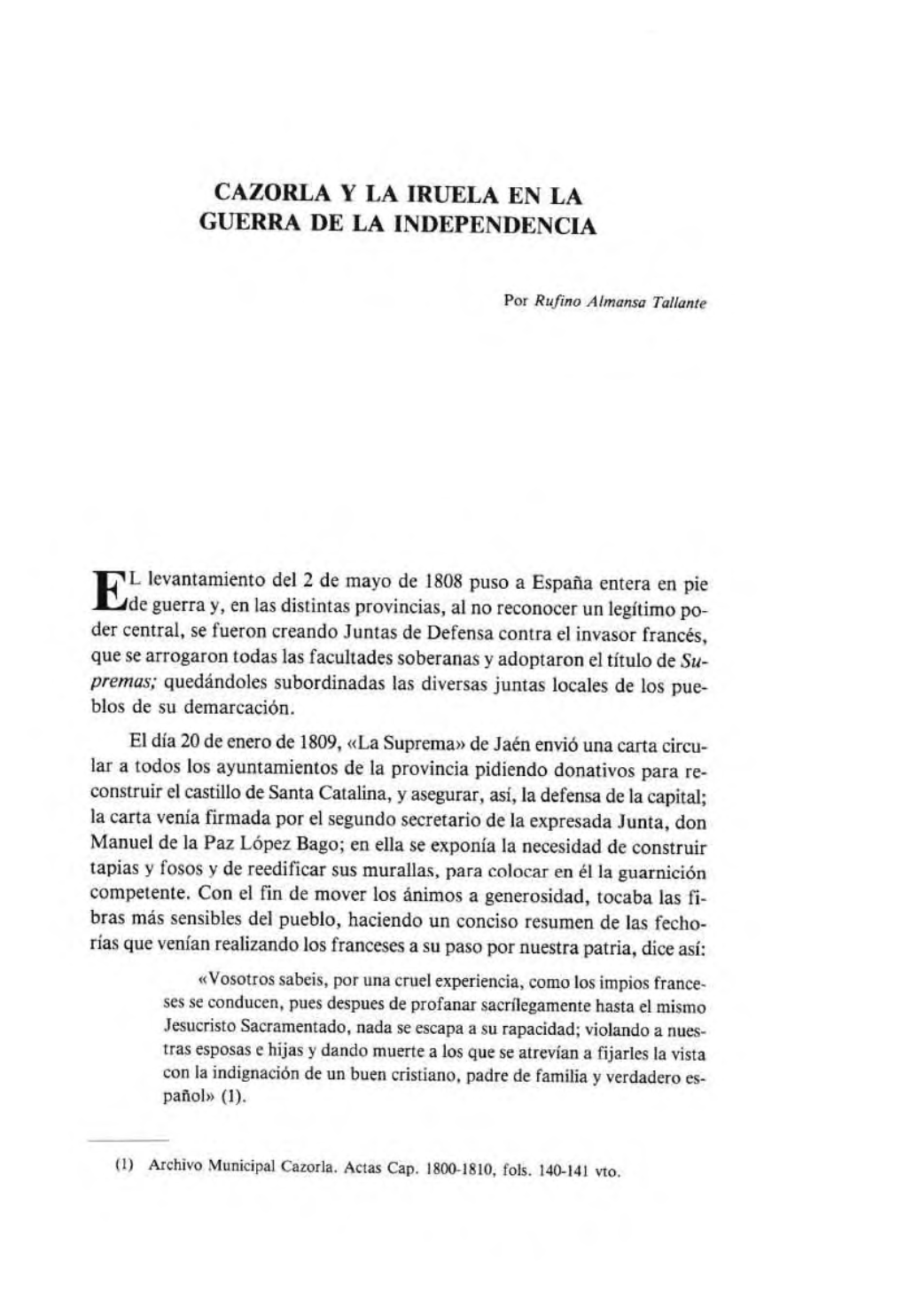 Cazorla Y La Iruela En La Guerra De La Independencia