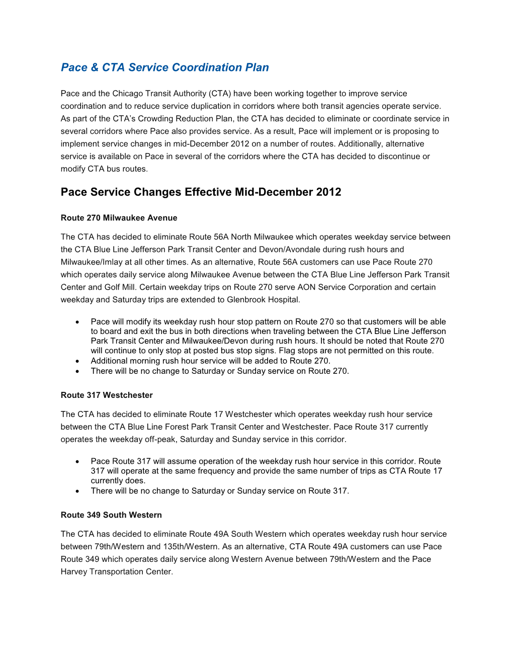 Pace & CTA Service Coordination Plan Pace Service Changes