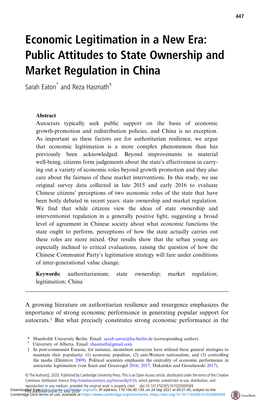 Public Attitudes to State Ownership and Market Regulation in China Sarah Eaton* and Reza Hasmath†