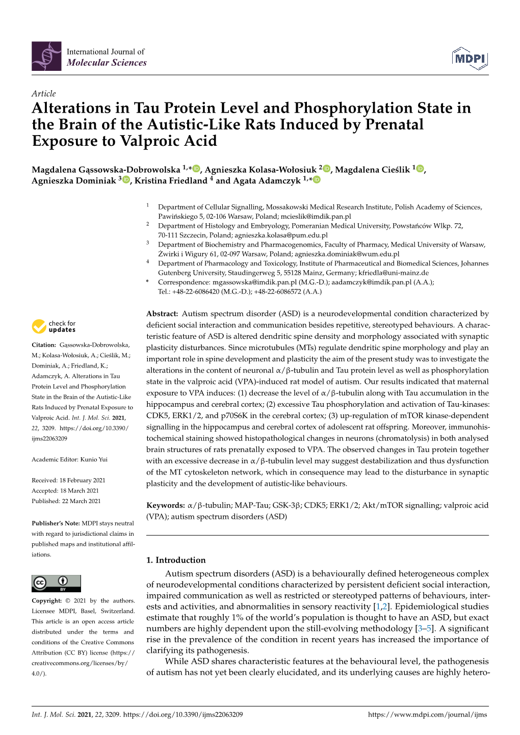 Alterations in Tau Protein Level and Phosphorylation State in the Brain of the Autistic-Like Rats Induced by Prenatal Exposure to Valproic Acid