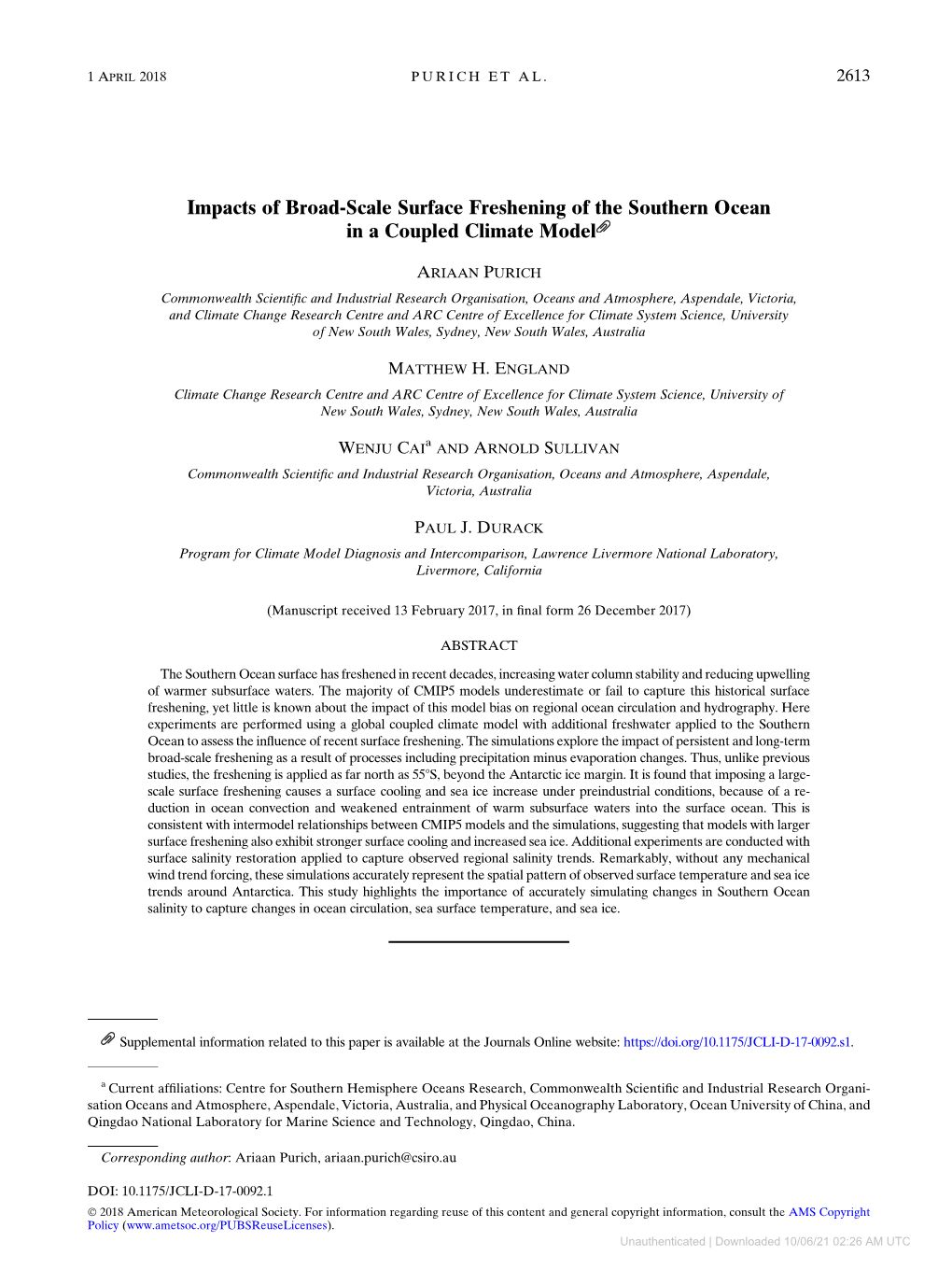 Impacts of Broad-Scale Surface Freshening of the Southern Ocean in a Coupled Climate Model