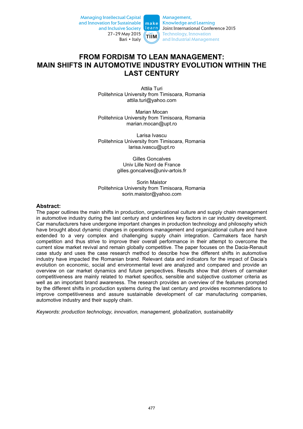 From Fordism to Lean Management: Main Shifts in Automotive Industry Evolution Within the Last Century