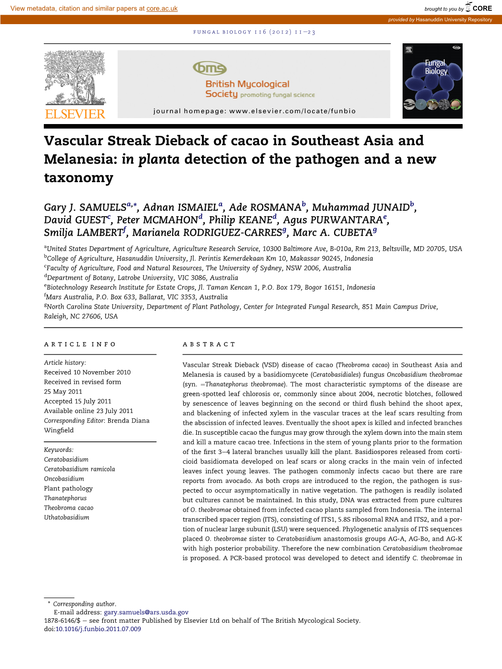 Vascular Streak Dieback of Cacao in Southeast Asia and Melanesia: in Planta Detection of the Pathogen and a New Taxonomy