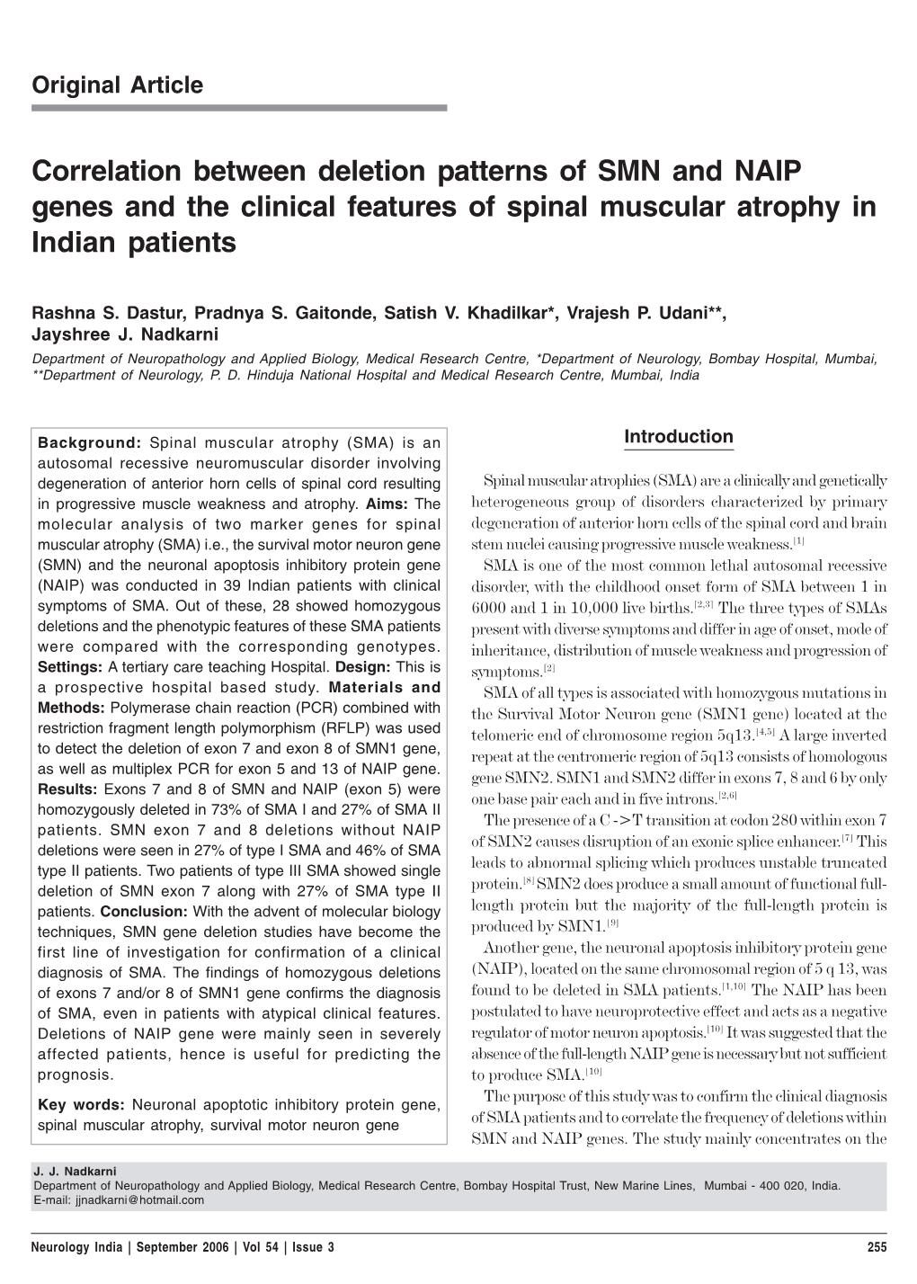 Correlation Between Deletion Patterns of SMN and NAIP Genes and the Clinical Features of Spinal Muscular Atrophy in Indian Patients