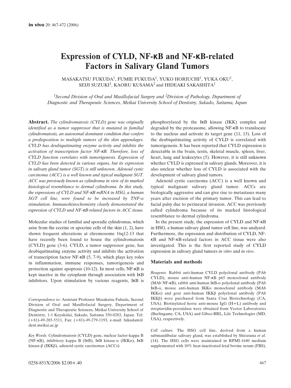 Expression of CYLD, NF-Κb and NF-Κb-Related Factors in Salivary Gland Tumors