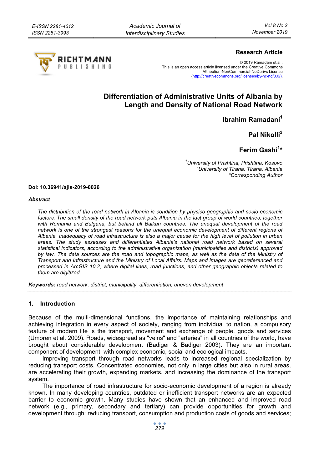 Differentiation of Administrative Units of Albania by Length and Density of National Road Network