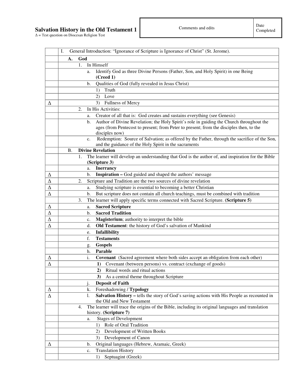 Salvation History in the Old Testament 1 Completed ∆ = Test Question on Diocesan Religion Test