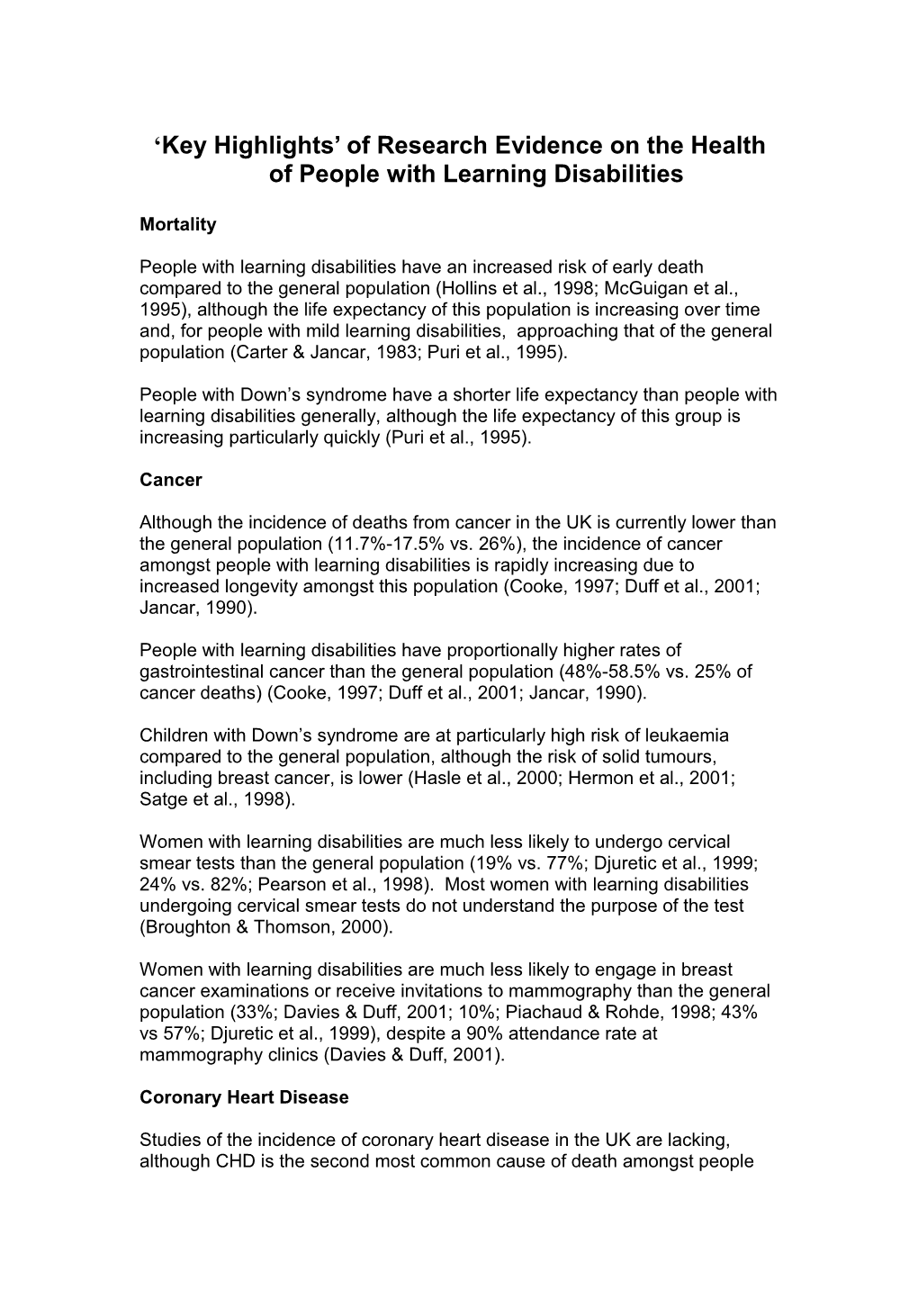 ‘Key Highlights’ Of Research Evidence On The Health Of People With Learning Disabilities