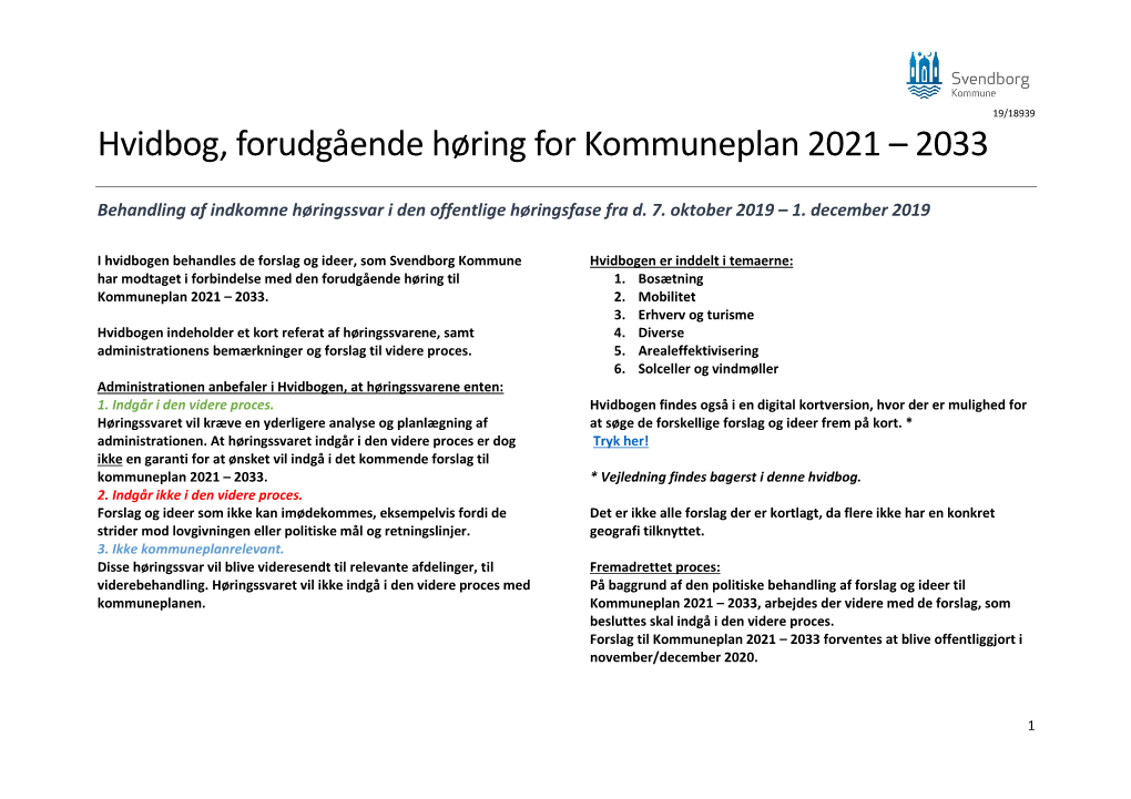 Hvidbog, Forudgående Høring for Kommuneplan 2021 – 2033