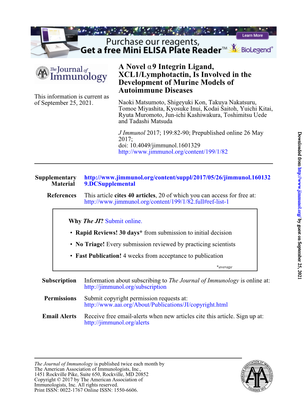 A Novel Α9 Integrin Ligand, XCL1/Lymphotactin, Is Involved in the Development of Murine Models of Autoimmune Diseases