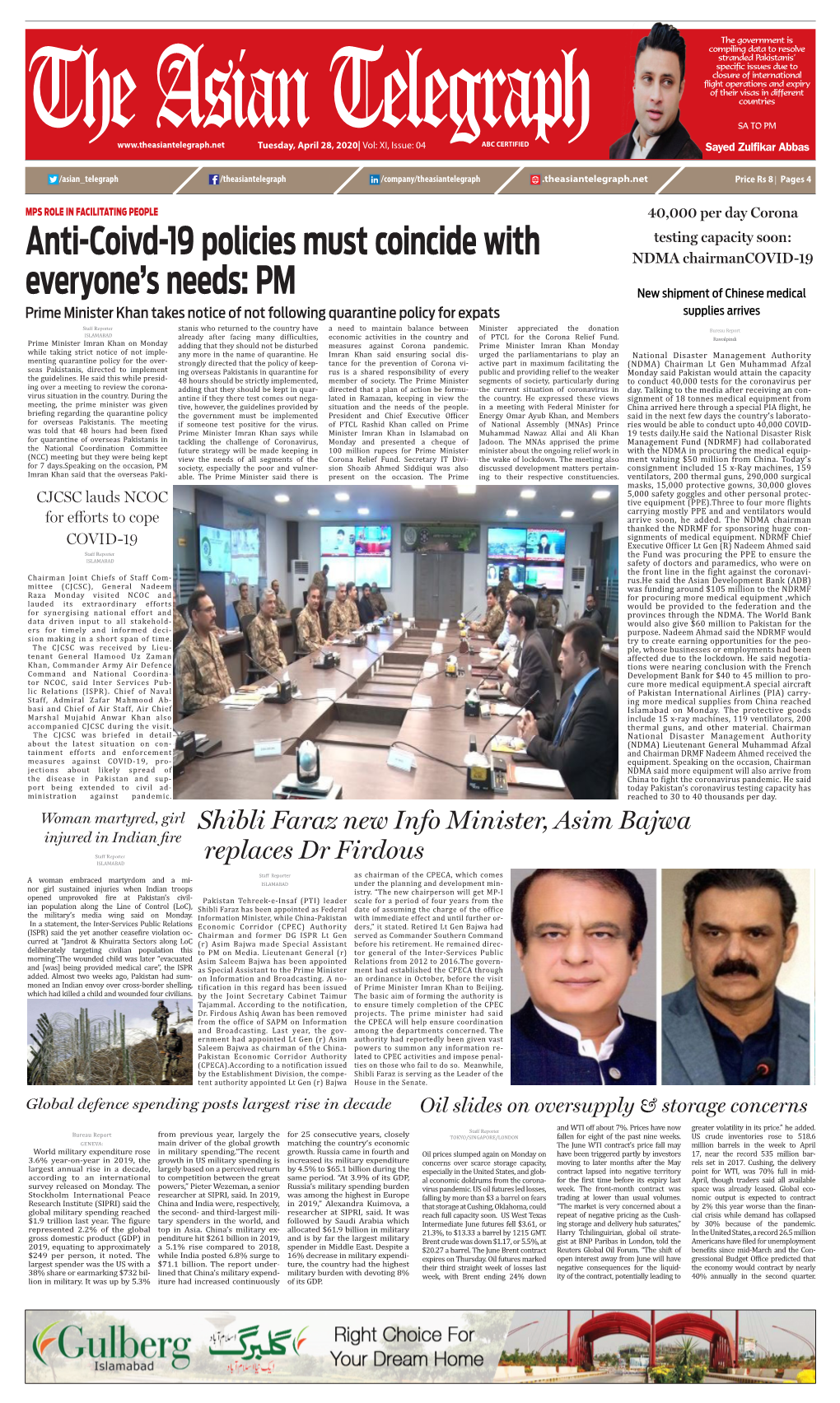 PM the Asiantuesday, April 28,Telegraph 2020| Vol: XI, Issue: 04 ABC CERTIFIED /Asian Telegraph Sayed Zulfikar Abbas