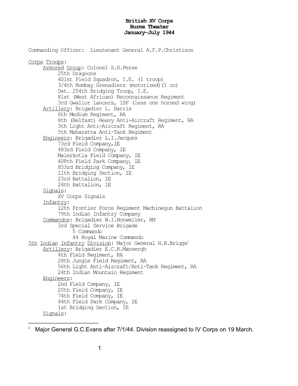 British XV Corps, Burma Theater, January-July 1944