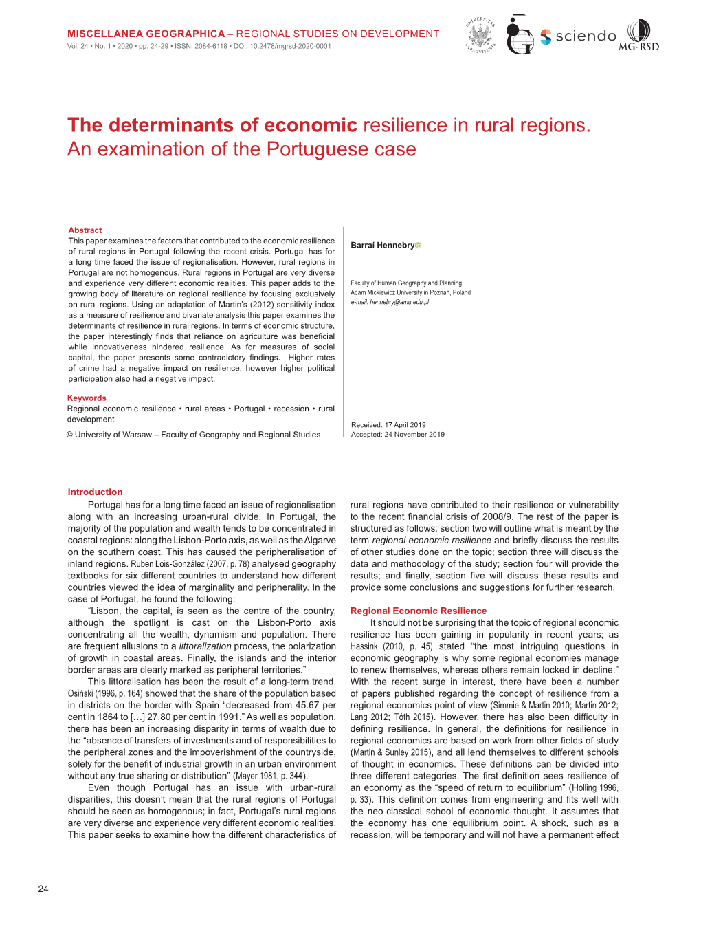 The Determinants of Economic Resilience in Rural Regions. an Examination of the Portuguese Case