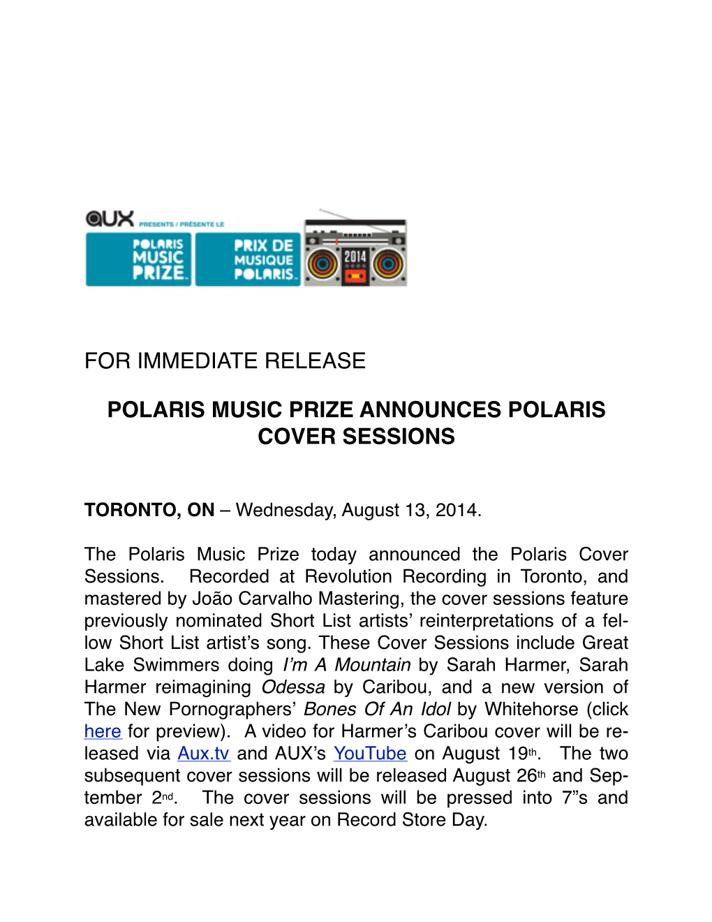 Polaris Music Prize Announces Polaris Cover Sessions