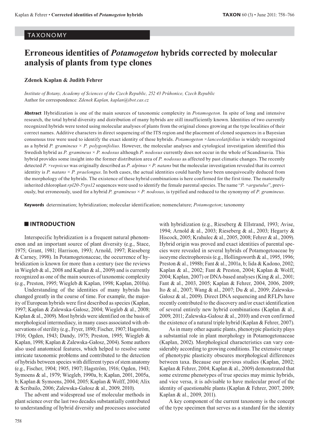 Erroneous Identities of Potamogeton Hybrids Corrected by Molecular Analysis of Plants from Type Clones