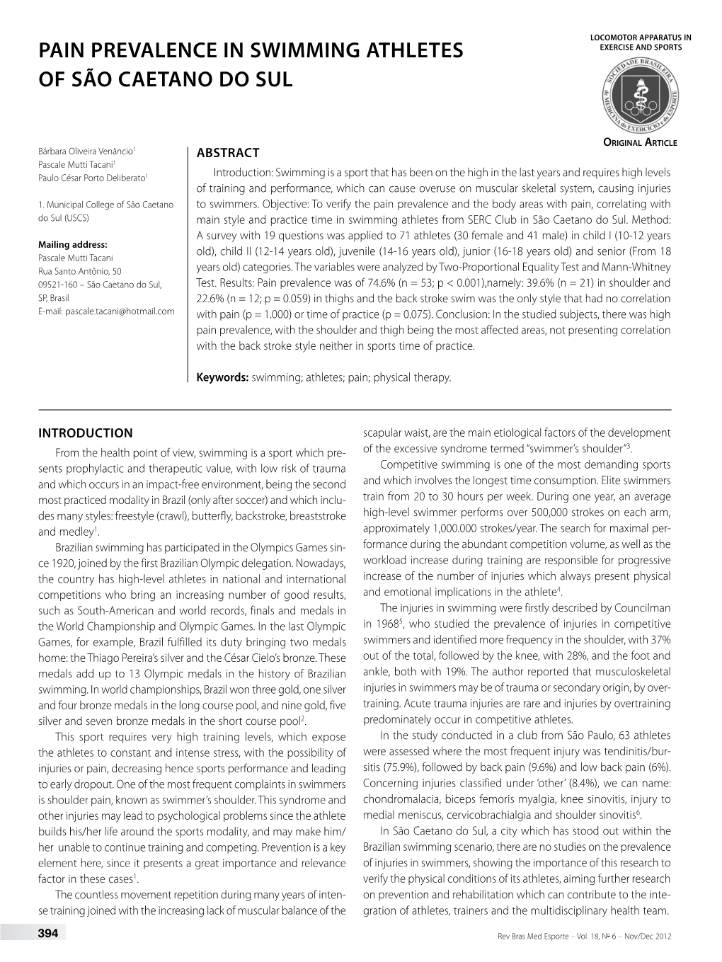 Pain Prevalence in Swimming Athletes Of