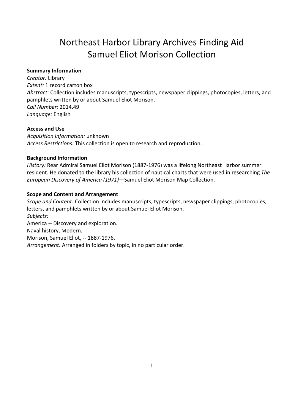 Samuel Eliot Morison Collection