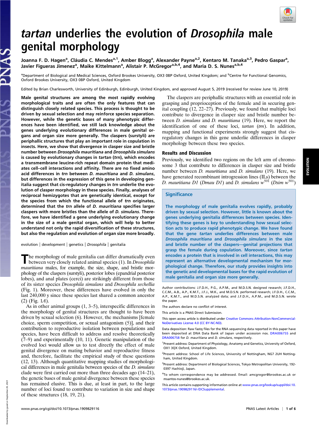 Tartan Underlies the Evolution of Drosophila Male Genital Morphology