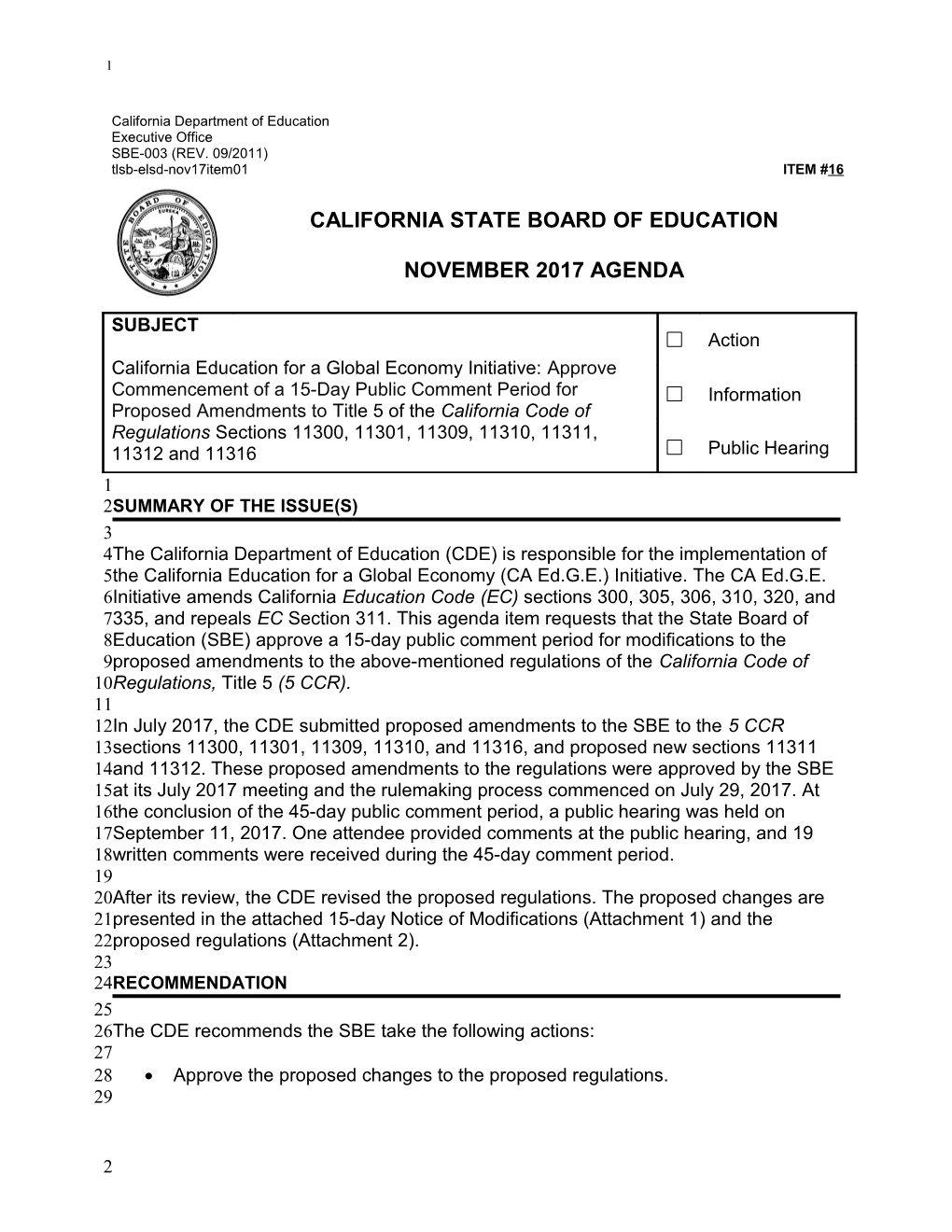 November 2017 Agenda Item 16 Revised - Meeting Agendas (CA State Board of Education)