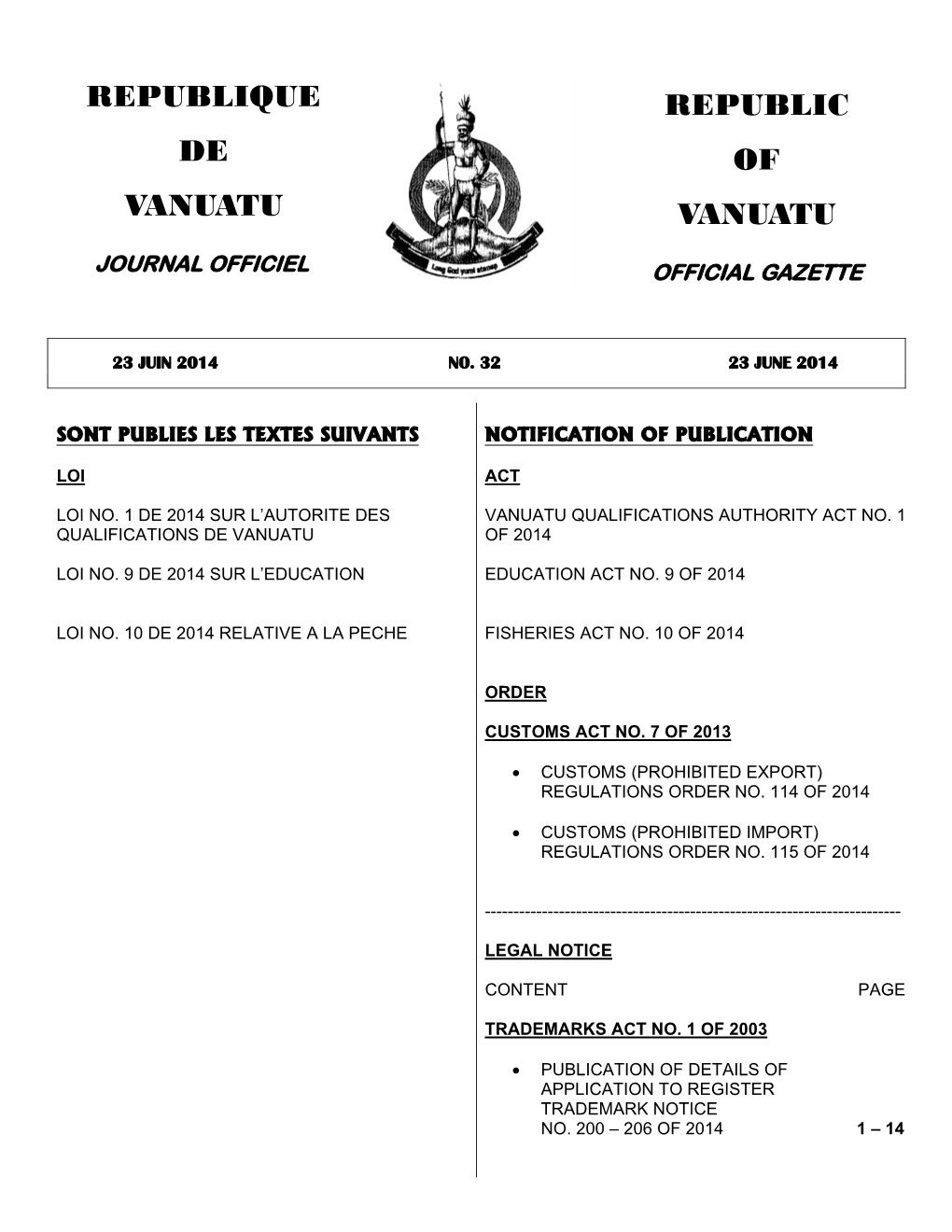 Republic of Vanuatu Republique De Vanuatu