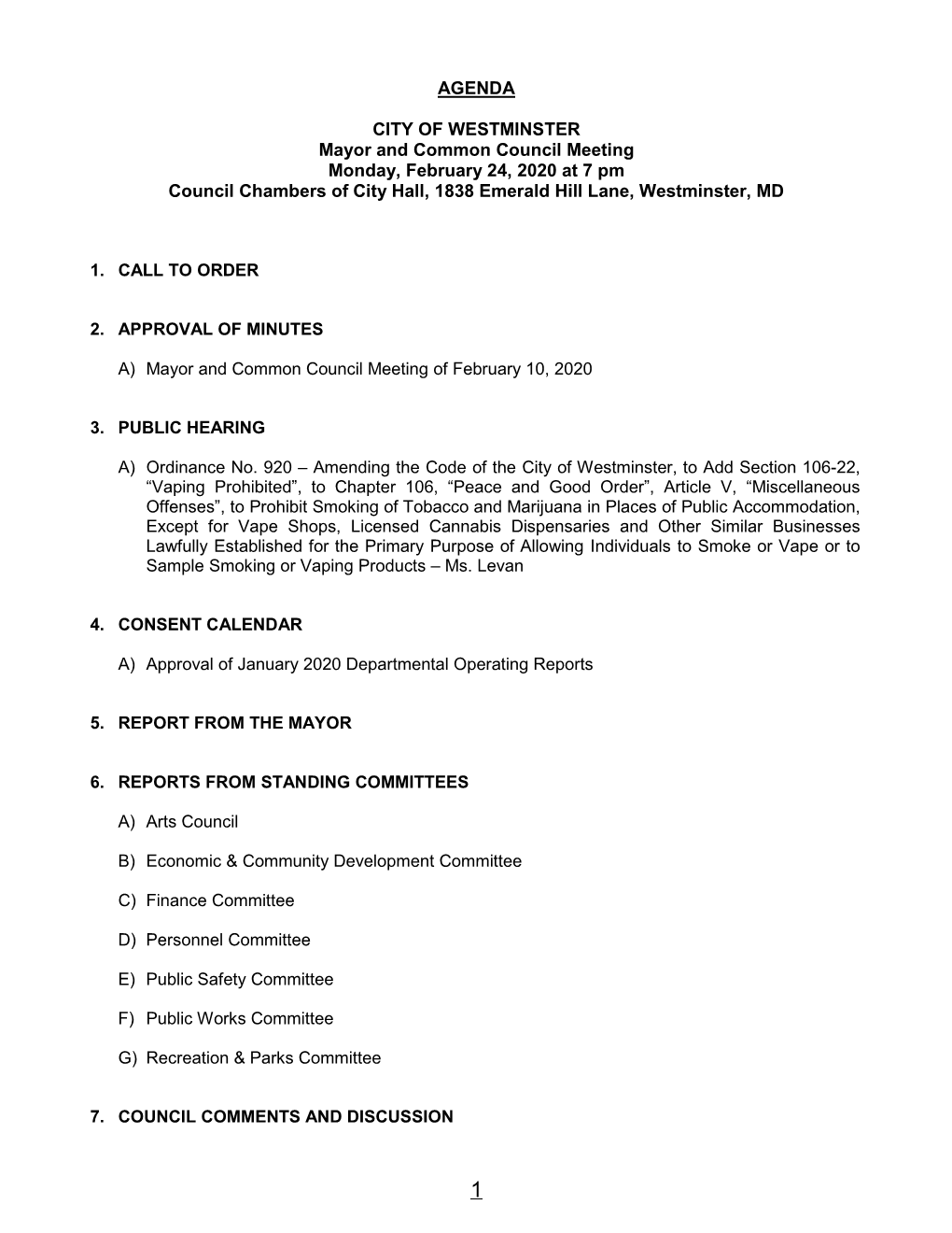 AGENDA CITY of WESTMINSTER Mayor and Common Council