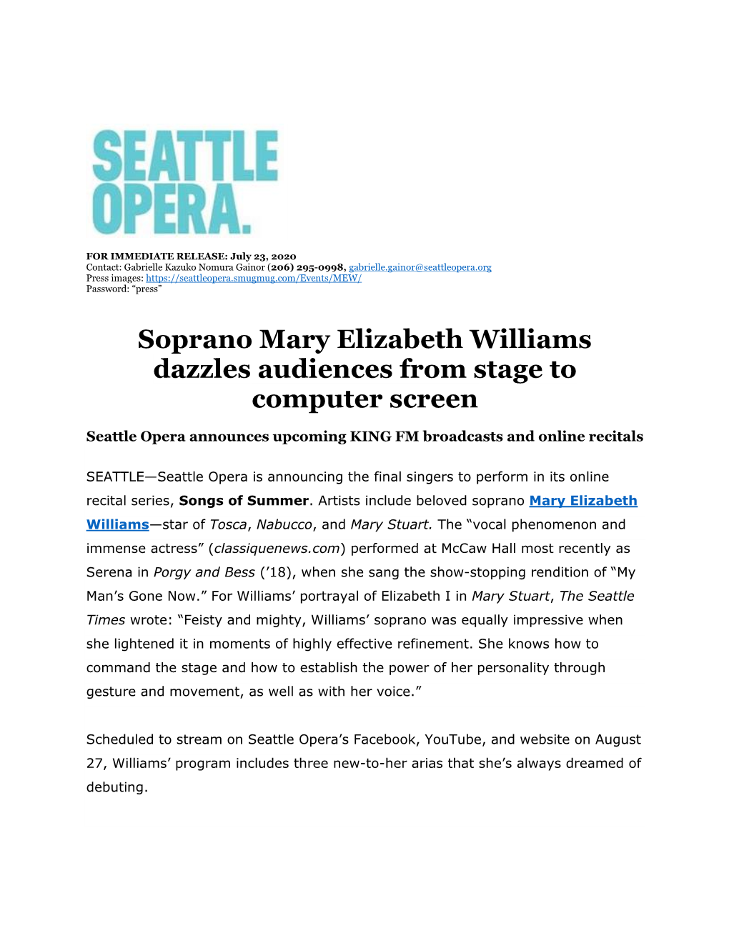 Soprano Mary Elizabeth Williams Dazzles Audiences from Stage to Computer Screen