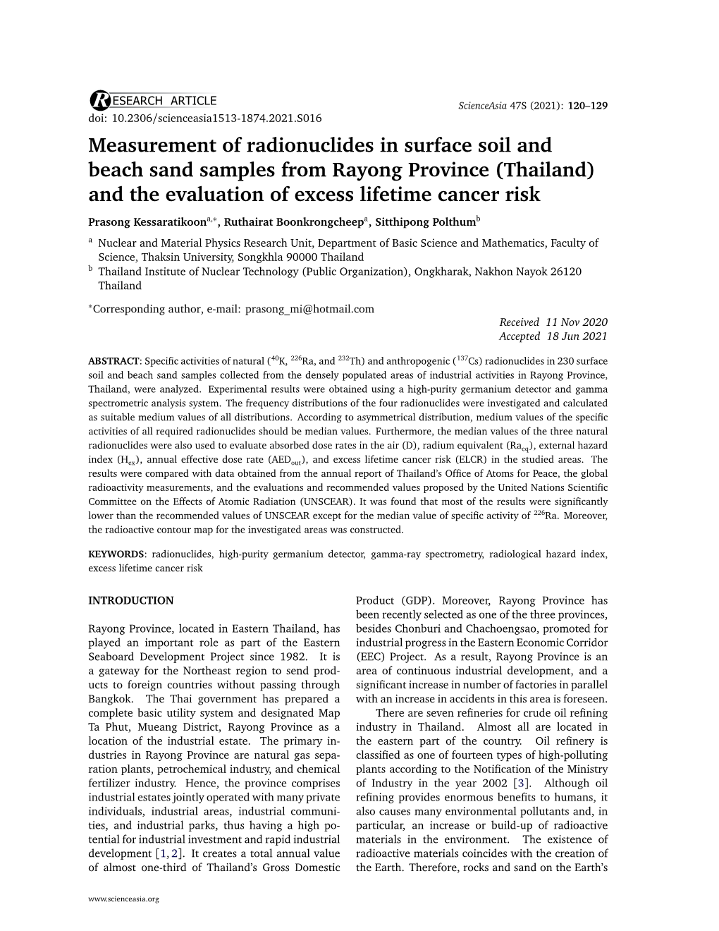 Measurement of Radionuclides in Surface Soil and Beach Sand Samples from Rayong Province (Thailand) and the Evaluation of Excess Lifetime Cancer Risk