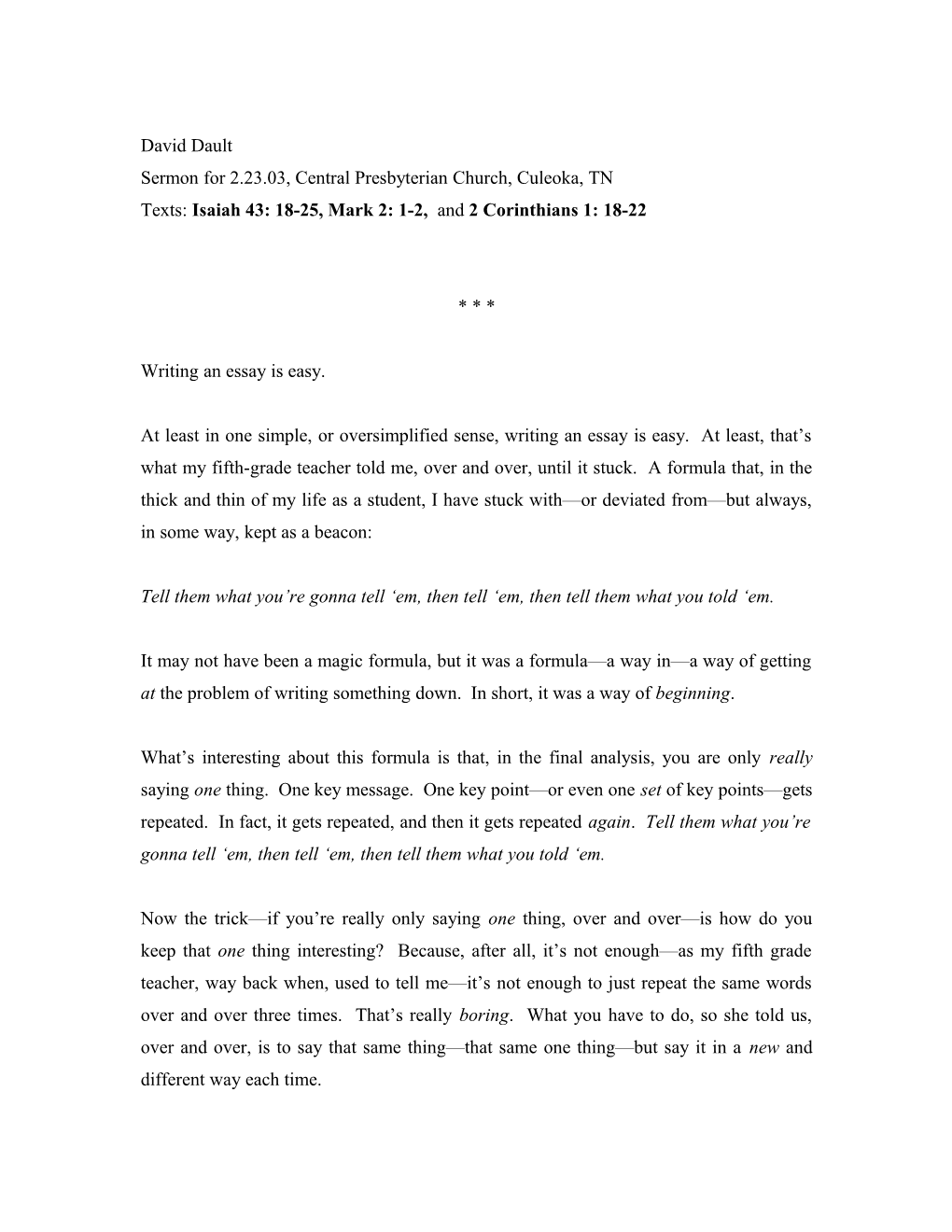 Sermon for 2.23.03, Central Presbyterian Church, Culeoka, TN