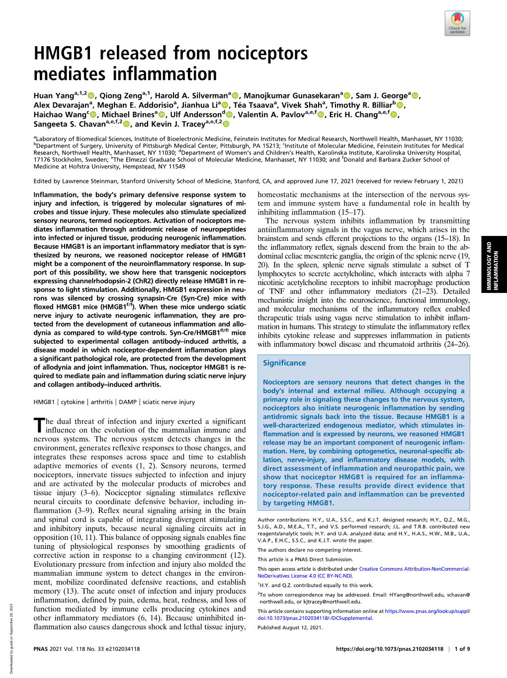 HMGB1 Released from Nociceptors Mediates Inflammation