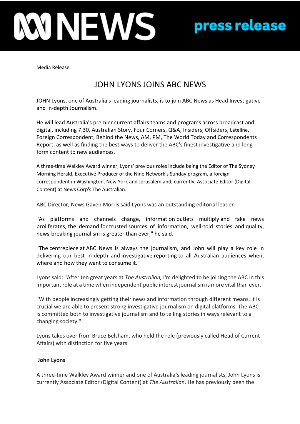 John Lyons Joins Abc News