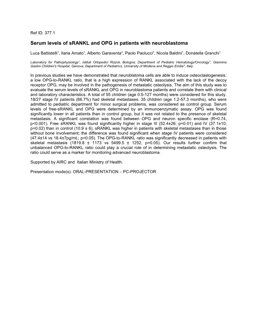 Serum Levels of Srankl and OPG in Patients with Neuroblastoma