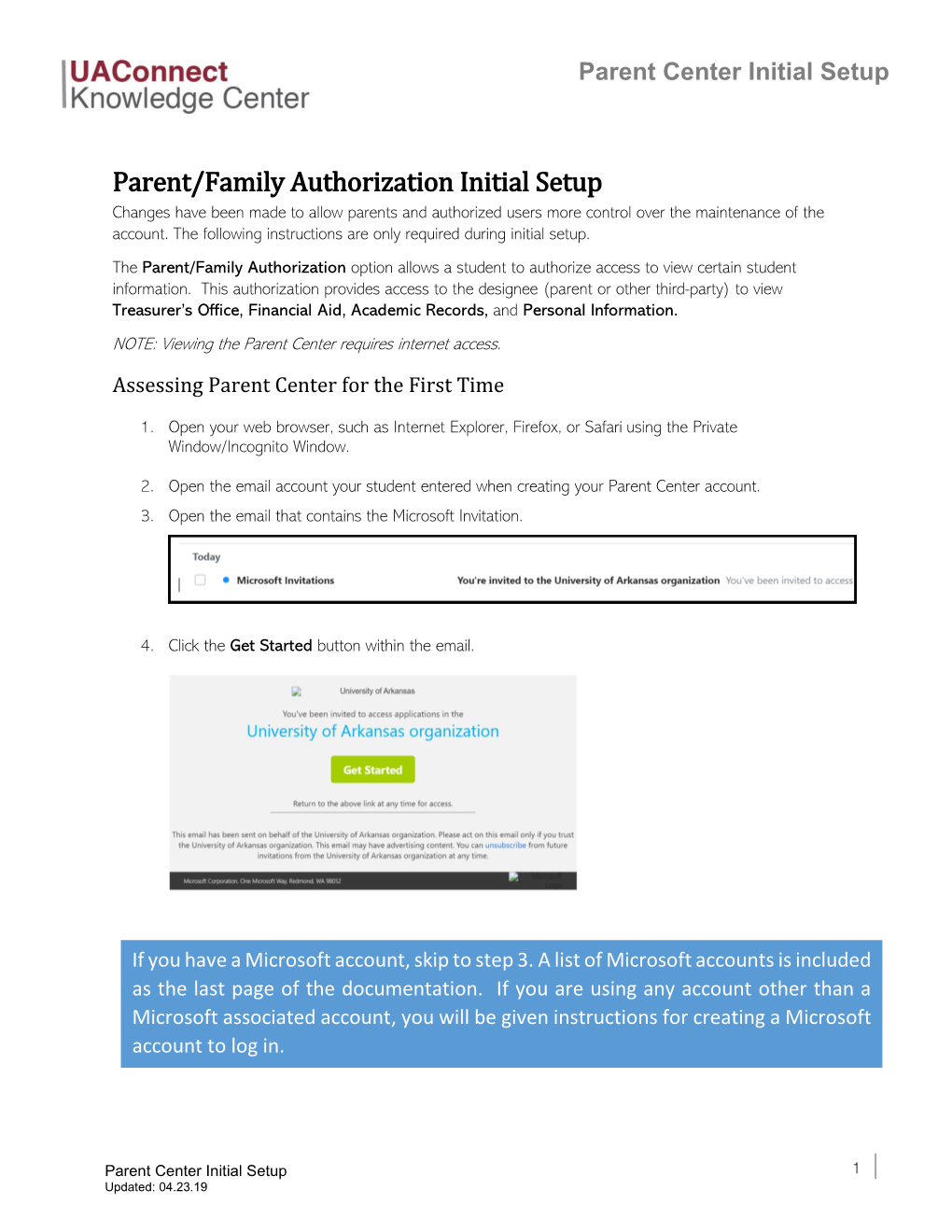 Parent Center Initial Setup