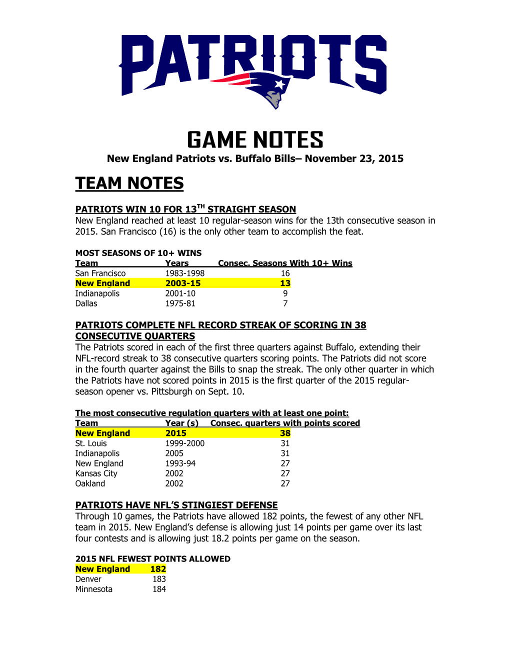 Patriots at Philadelphia Game Notes